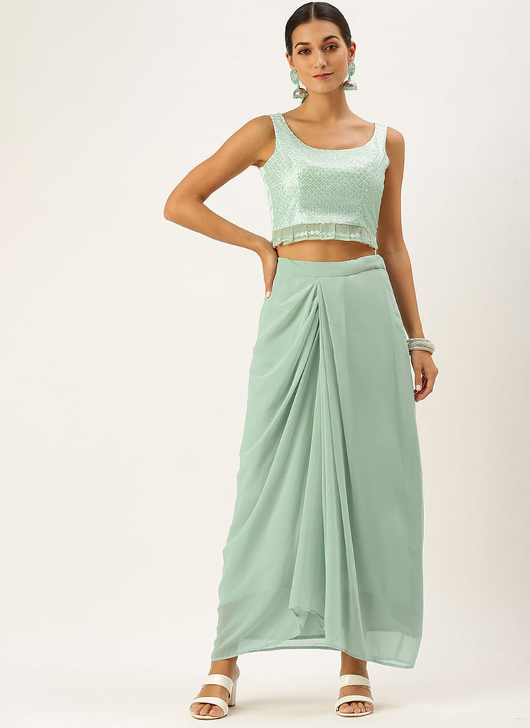 Ethnovog Women’s Light Blue Net Sequins Embroidery Crop Top N Skirt only $17.00