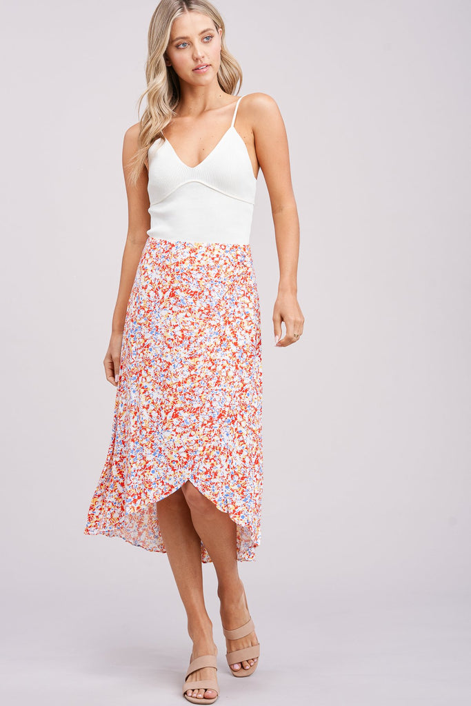 Red Floral Asymmetrical Midi Skirt