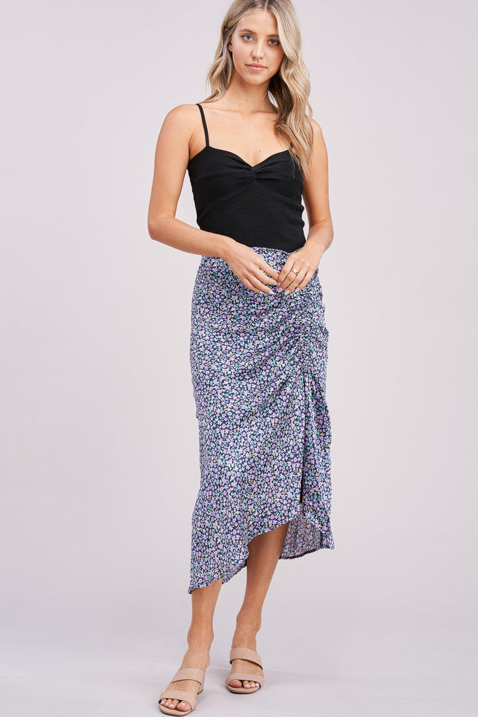 Navy & Lilac Floral Asymmetrical Skirt