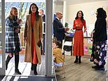 Princess of Wales looks luminous in pleated orange dress and tan coat in a Bedfordshire nursery