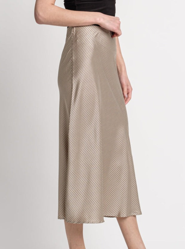 Taupe Geometric Print Satin Midi Skirt