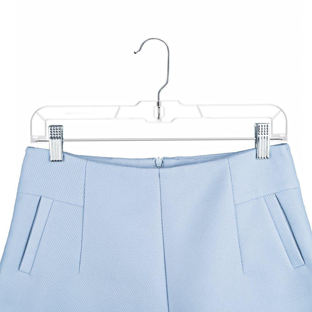 HOUSE DAY 100 Pack 14 inch Clear Plastic Skirt Hangers with Clips, Skirt Hangers, Clip Hangers for Pants,Trouser Bulk Plastic Pants Hangers