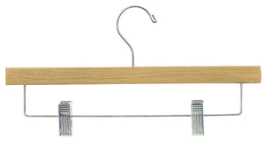 14" Flat Wood Pant or Skirt Hangers, Natural, W/ Chrome Bar and Clips